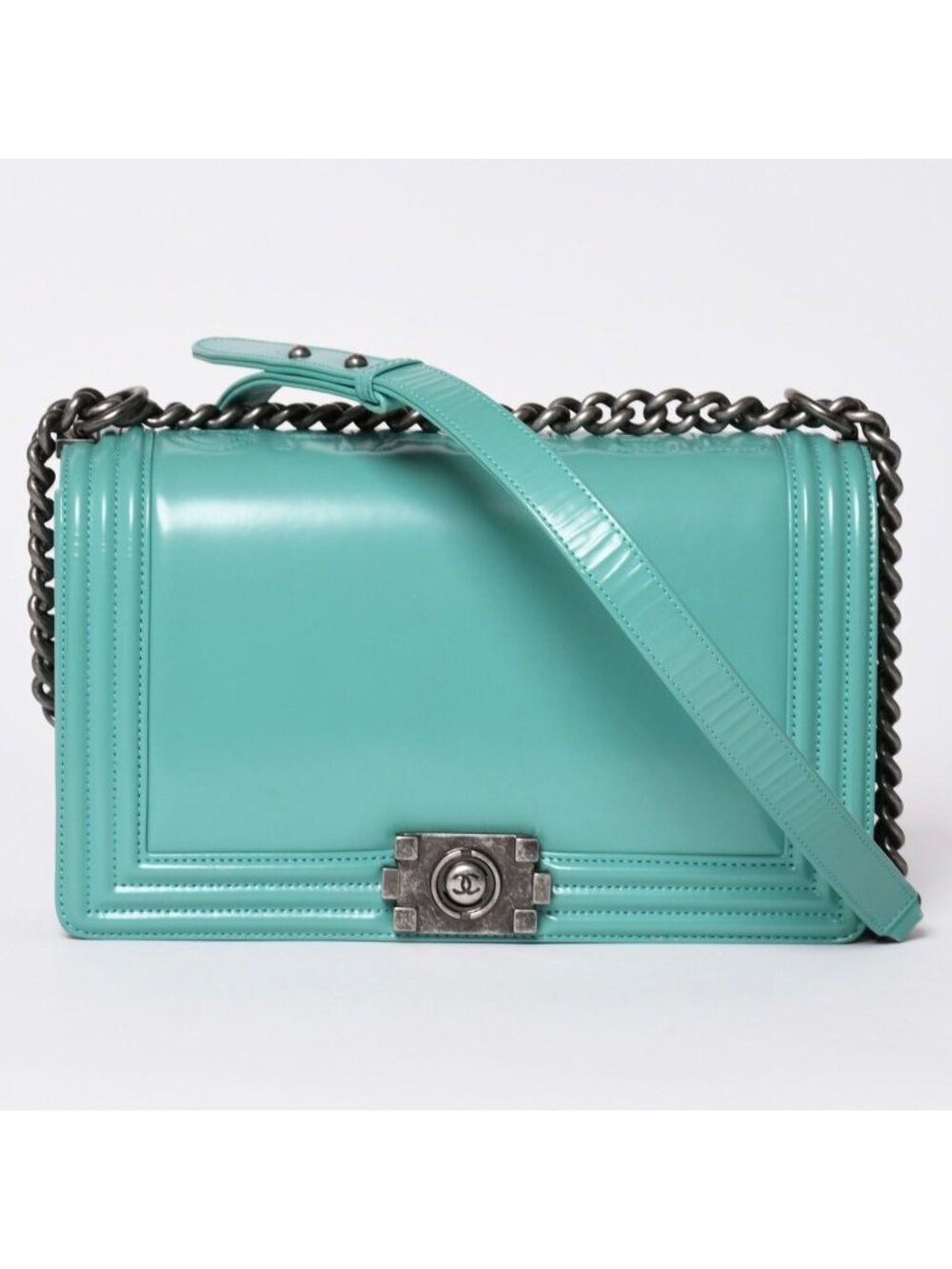 Chanel Boy Large Chain Shoulder Bag CC Logo Calfskin Turquoise